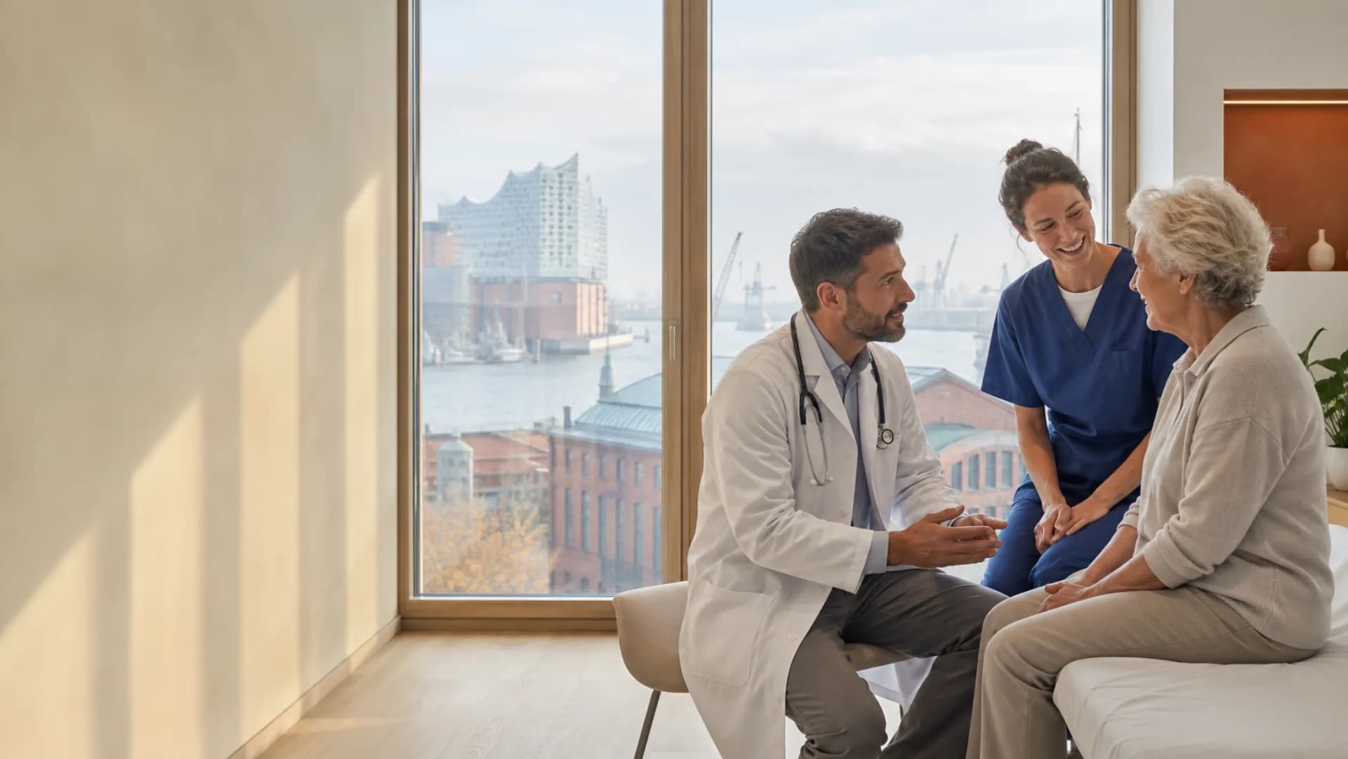 A physician and nurse speaking with a patient in a Hamburg clinic overlooking the harbour