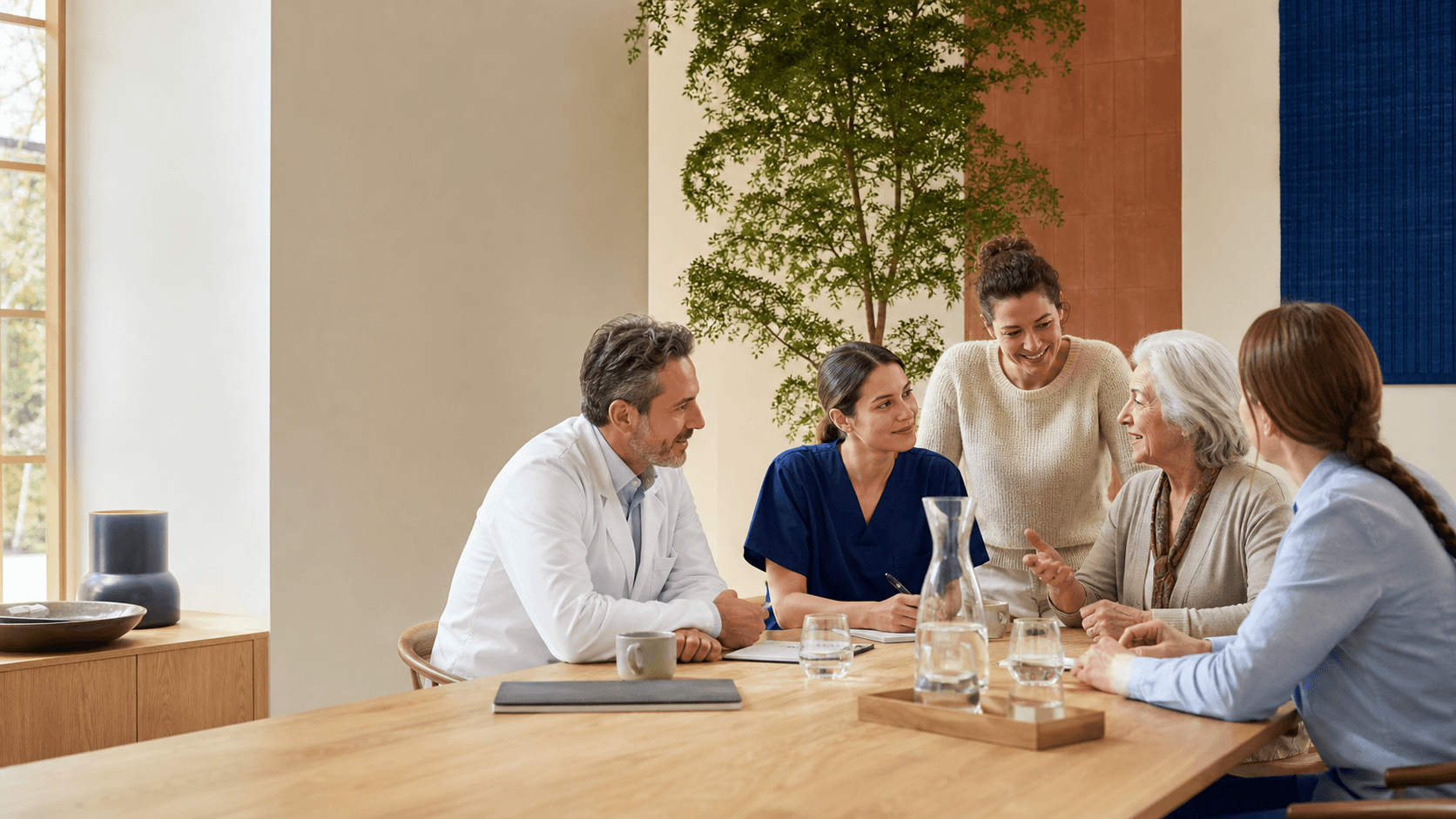 A multidisciplinary care team listening to a patient in a warm modern clinic