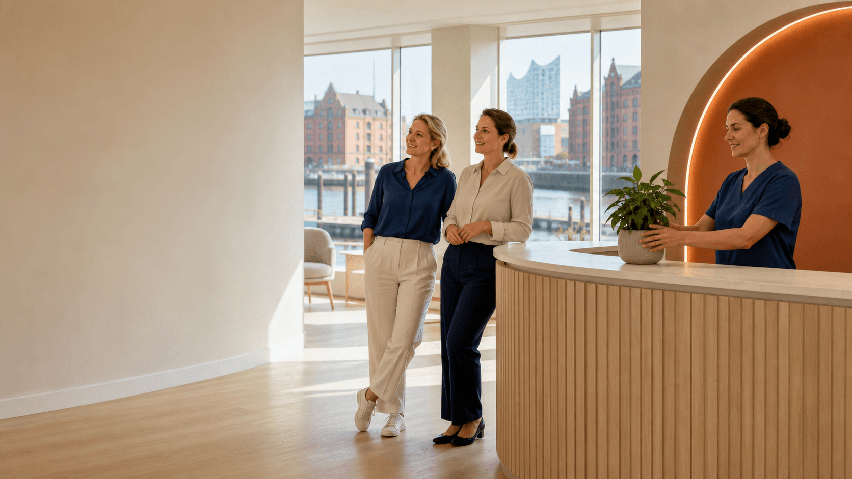 A clinic owner and practice manager prepare a welcoming new Hamburg clinic with their care team