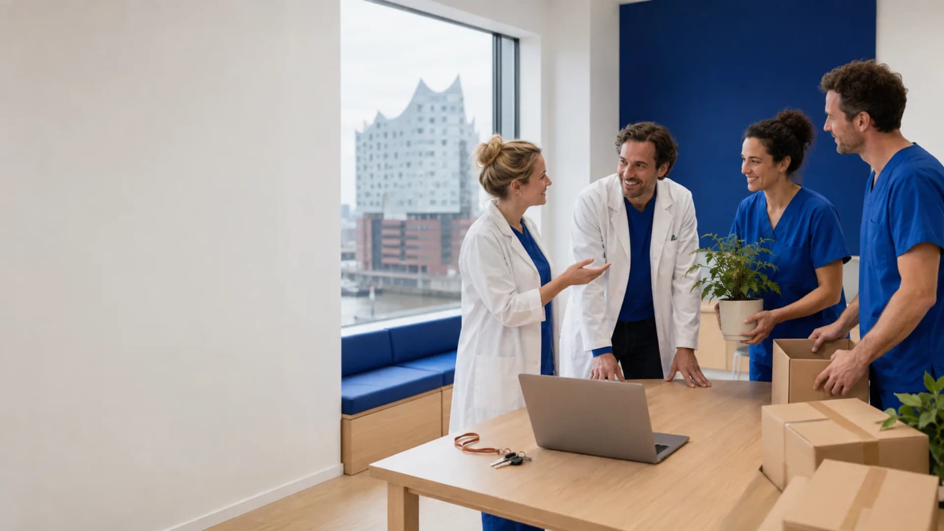 A clinic owner and practice manager prepare a welcoming new Hamburg clinic with their care team