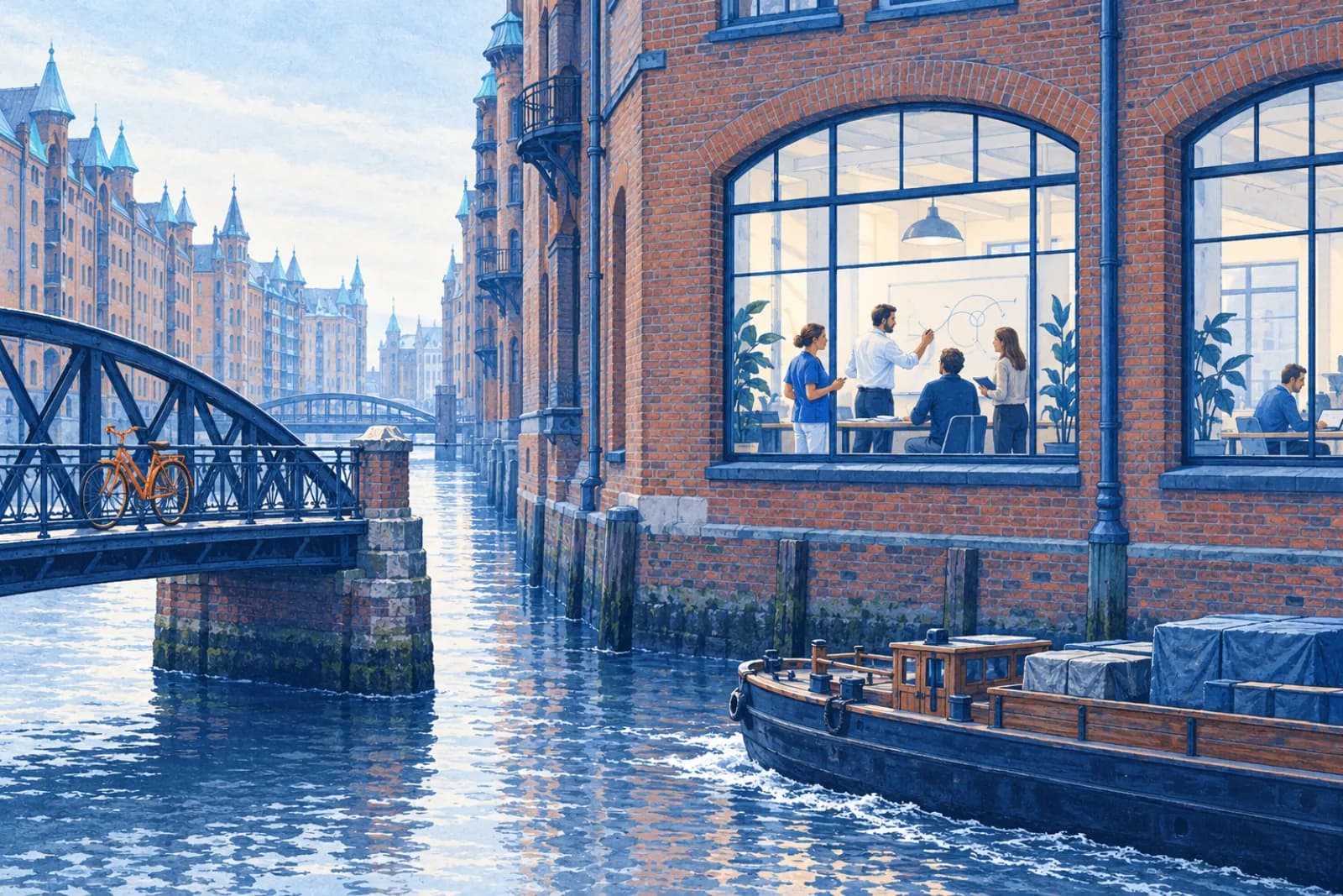 A diverse Dudoxx team walking beside Hamburg’s Speicherstadt with the Elbphilharmonie beyond