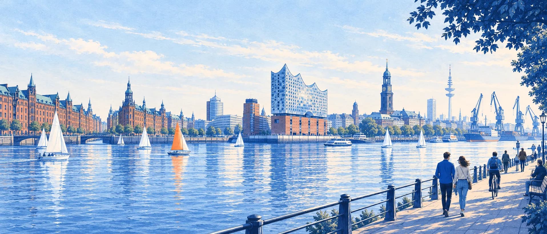 Illustrated Hamburg panorama: Speicherstadt warehouses, the Elbphilharmonie, the Michel tower and sailboats on the water.