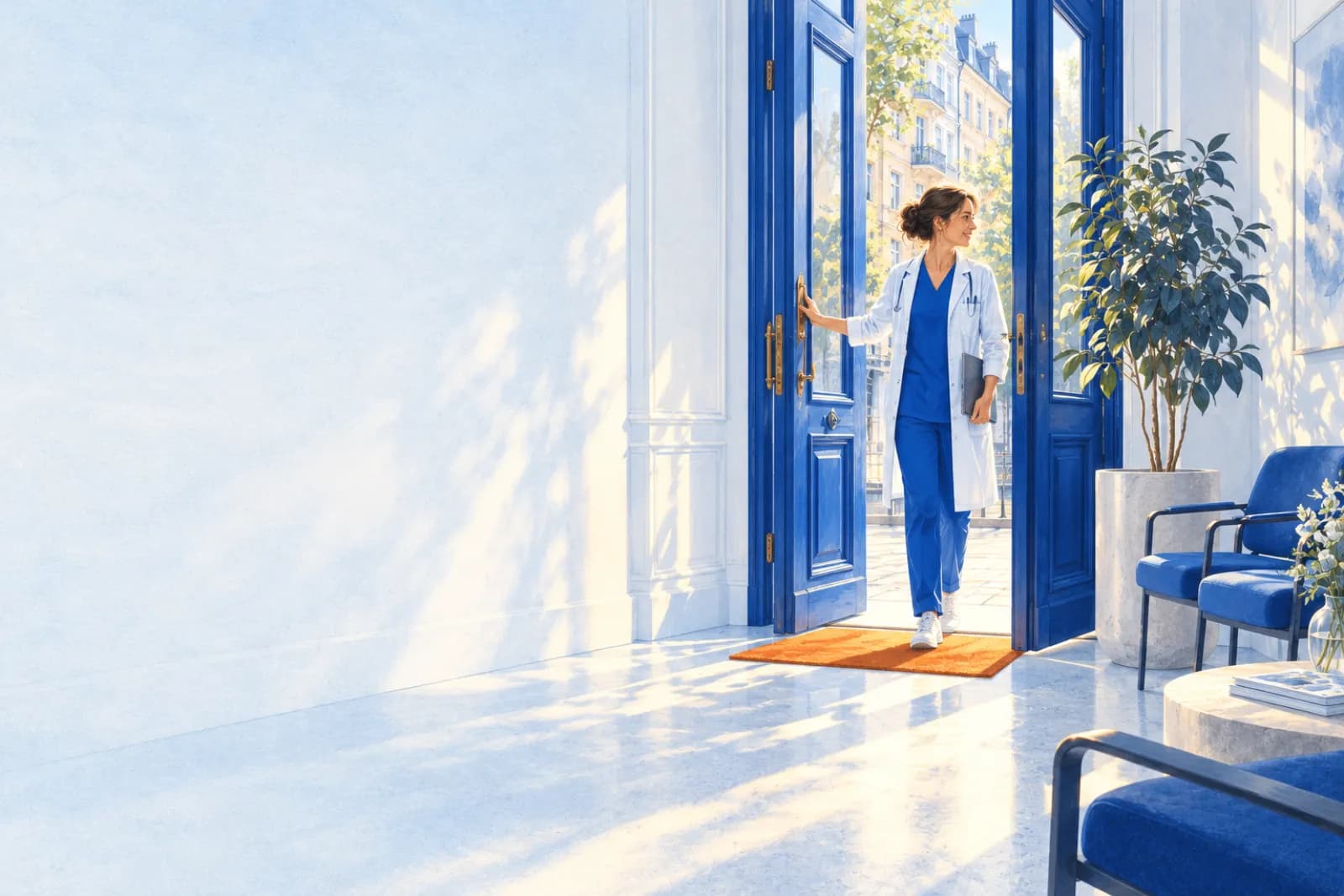 A clinic owner and practice manager prepare a welcoming new Hamburg clinic with their care team