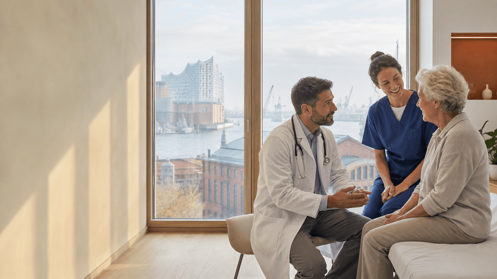 A physician and nurse speaking with a patient in a Hamburg clinic overlooking the harbour