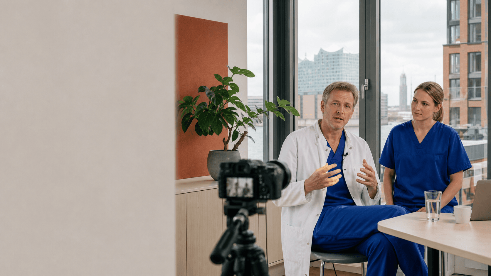 Two clinicians recording a practical Dudoxx demonstration with Hamburg harbour behind them